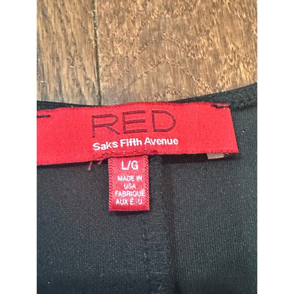 EUC Saks Fifth Avenue RED Label Black Peplum V-Neck Scuba Faux Leather Top Large - Picture 6 of 7